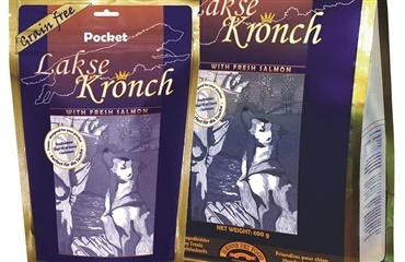 Vind 5 x 600 g Lakse Kronch Pocket godbidder fra Henne Petfood